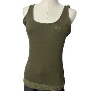 y2k Guess Olive Green Ribbed Tank Top Lace Trim